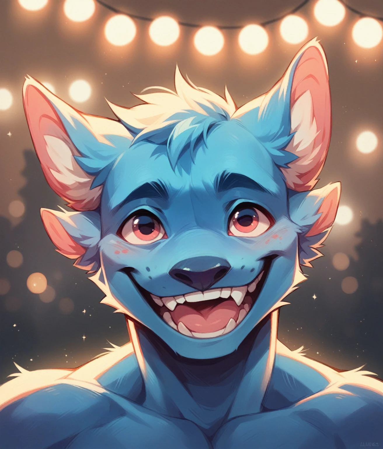 blue body, cinematic lights , happy face