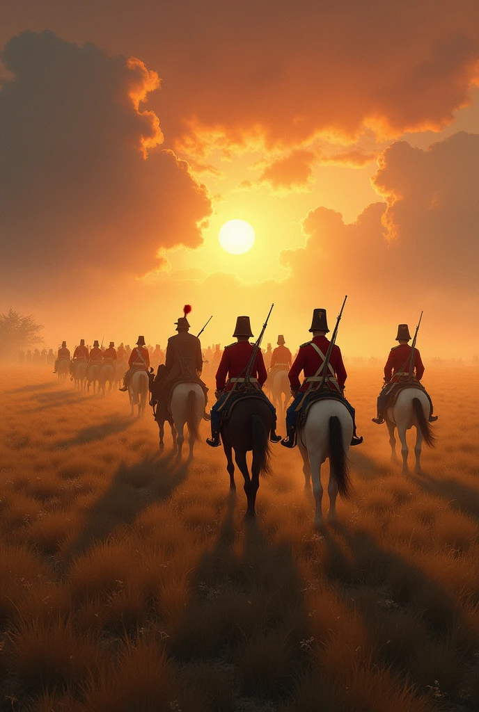 "A poetic and melancholic evening during the Napoleonic Wars. A long line of French soldiers in their iconic red and blue uniforms, complete with shakos, marches through a vast, golden field. They carry muskets on their shoulders, and their expressions are weary and resolute. Leading the formation is an officer on horseback, guiding the soldiers forward. The setting sun is low on the horizon, casting a dramatic orange and red glow across the sky, with the warm light stretching long shadows over the field. The sky is a mix of intense reds, oranges, and purples, as thick clouds partially obscure the sun, creating a somber yet beautiful atmosphere. Light mist rises from the ground, adding a soft haze to the scene, and the distant sound of battle fades into the background. The mood is heavy with a sense of inevitable loss, as the soldiers march onward, the scene bathed in the warm, fading light of the day. The overall atmosphere is both peaceful and haunting, emphasizing the quiet endurance of the soldiers as they face the hardships of war."