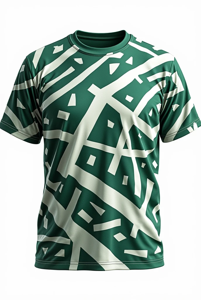 A plain t-shirt with unusual patterns in a chaotic style with bold dark tones and sharp angles in only white and dark green colors on a white background