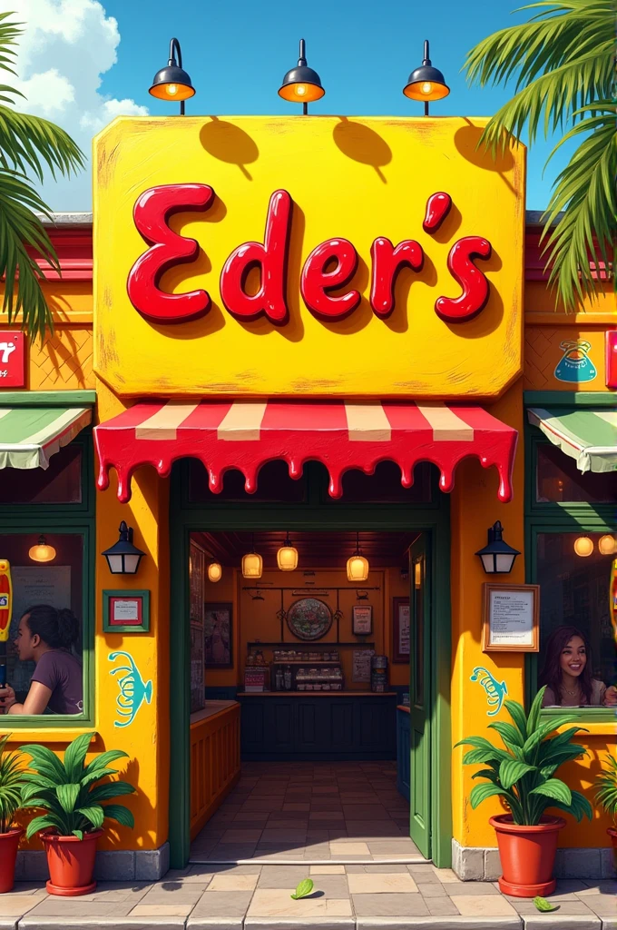 a Brazilian burger joint with a yellow entrance sign saying "Eder's", this sign being red looks like ketchup