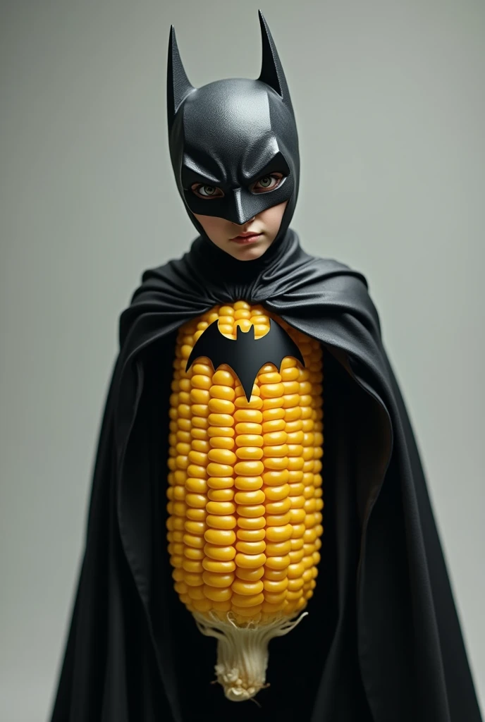 A Corncob with a smiling Batman mask and a black cape just like a villainous wolf