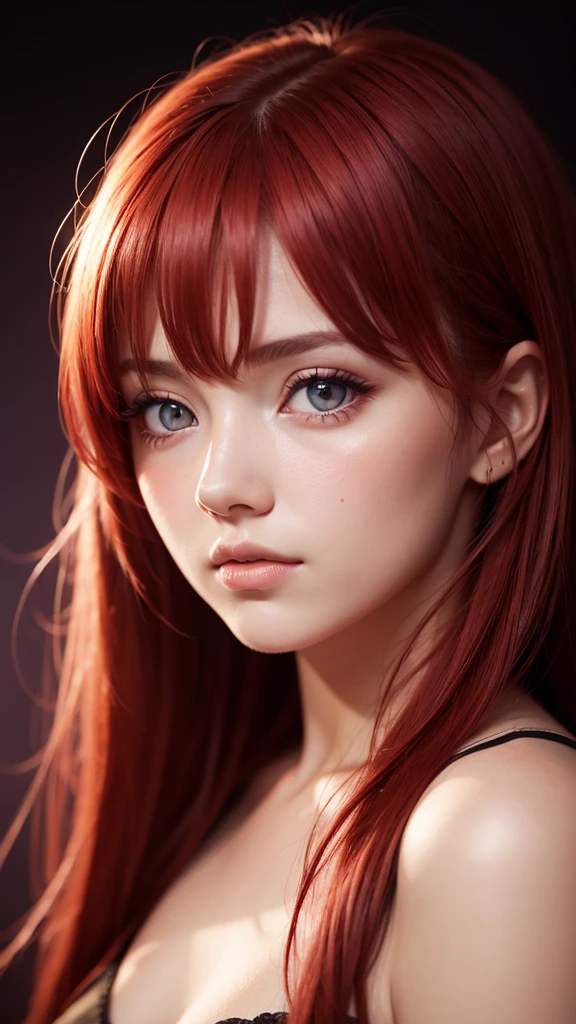 1 girl, star eye, blush, perfect lighting, Red hair, Eyes red, engine unreal, side lighting, face detailed, bangss, shining skin, simple background, darkness background, In the 2000s, hippy