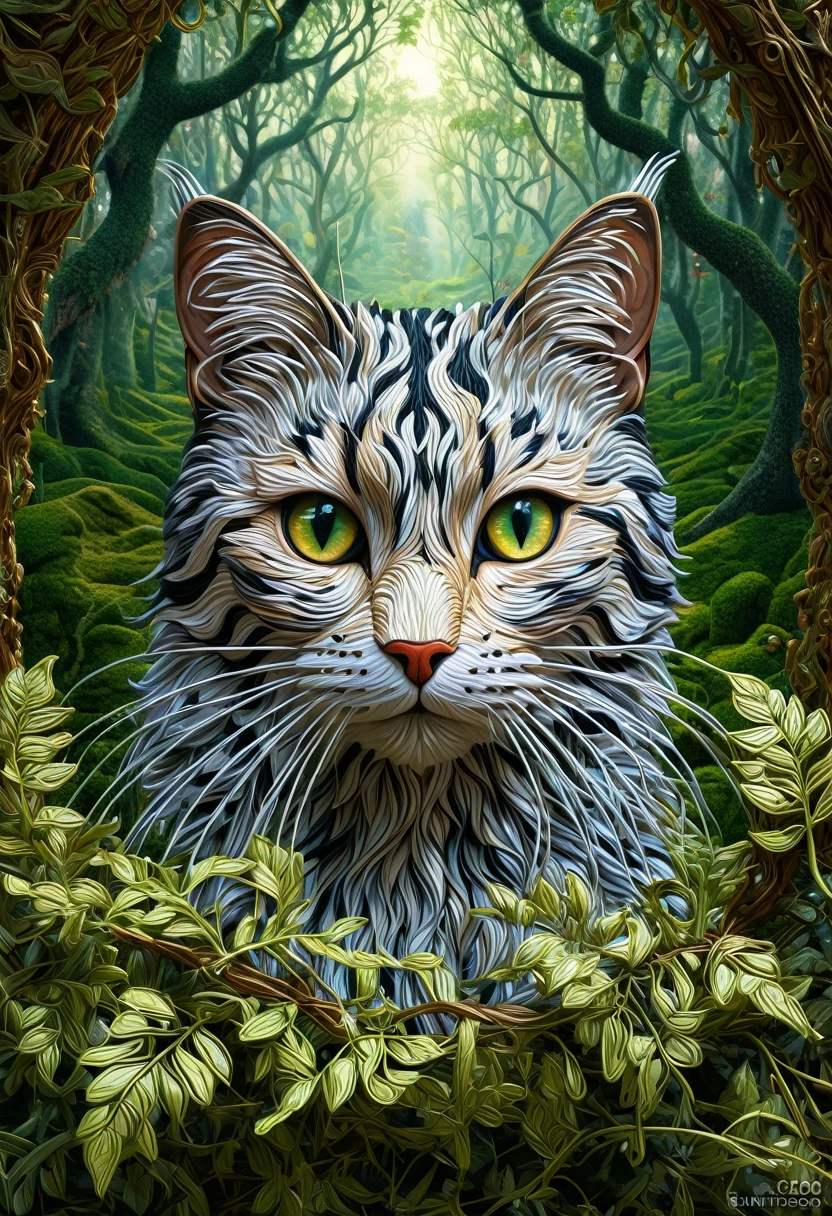Montaraz" Un hermoso gato hecho con desechos del bosque, raíces, ramas y hojas, 3D effect ultra-detailed intricate insanely full HD resolution 4K ultra-realistic,, surrealism, rococo, expressive eyes, divine presence, mythical being, Surreal forest, spotlight embroidery, accents, intense gaze, digital painting cinematic film light, expressive eyes,
