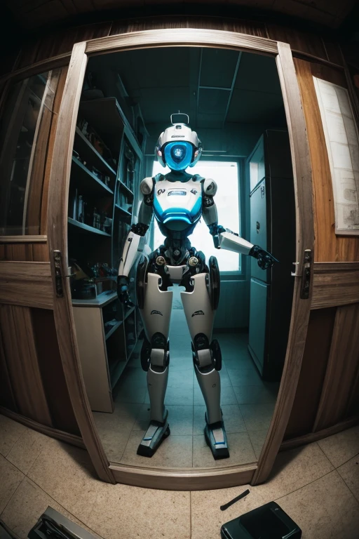 Fisheye View, Selective Focus, full body shot, mechanisms, woman, small breast, neopunk, high detail, robots, apocalypse, horror, riffle in hand, blue/white color, Majestic, hands through the brocken screen to the viewer, Vibrant, Vintage.