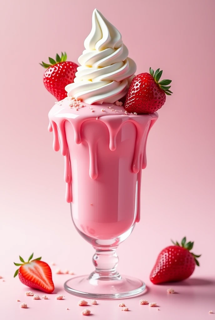 Pink strawberry sundae dripping from glass