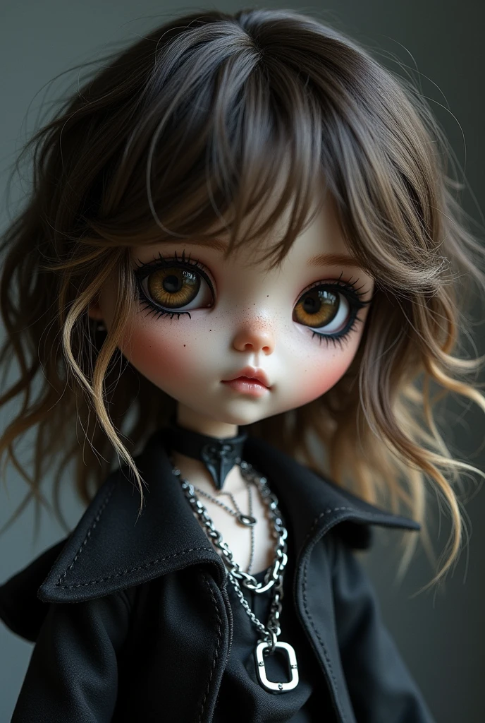 Make me a pale blythe doll, with loose hair, wavy layered, a little messy dark brown hair and blonde streaks in front, dark brown eyes, eye shadow and black eyeliner, silver chains and alternative