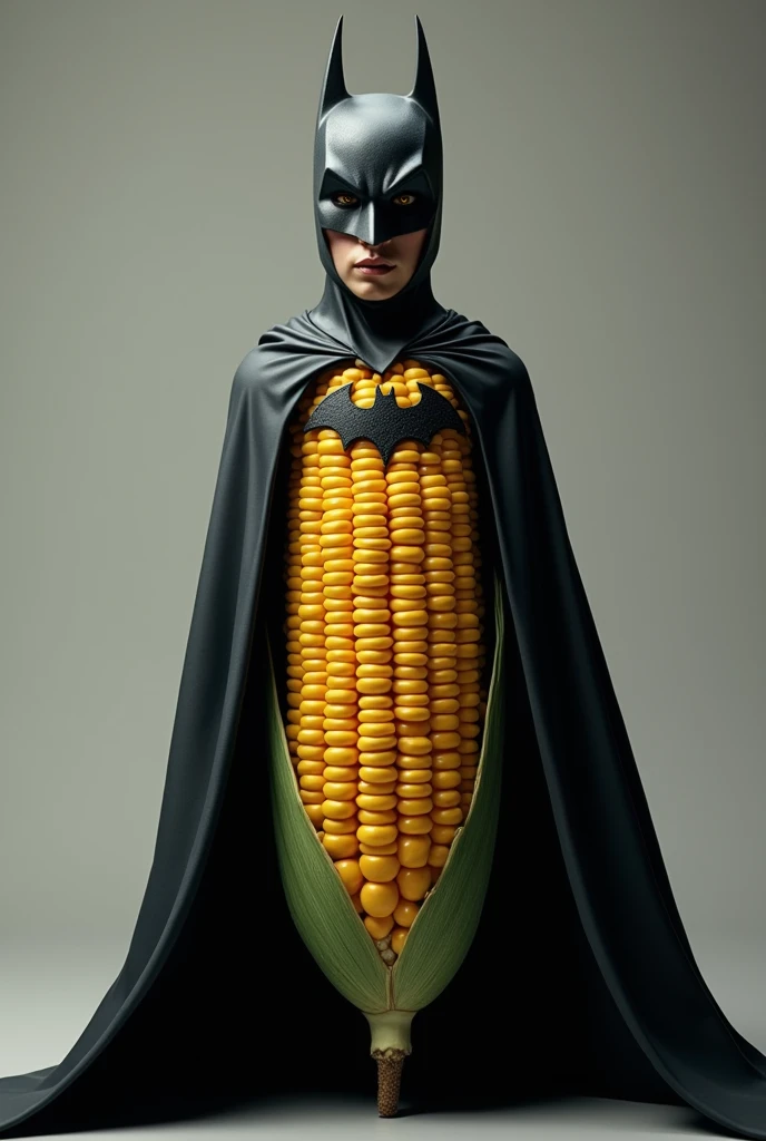 A Corncob with a smiling Batman mask and a black cape just like a villainous wolf