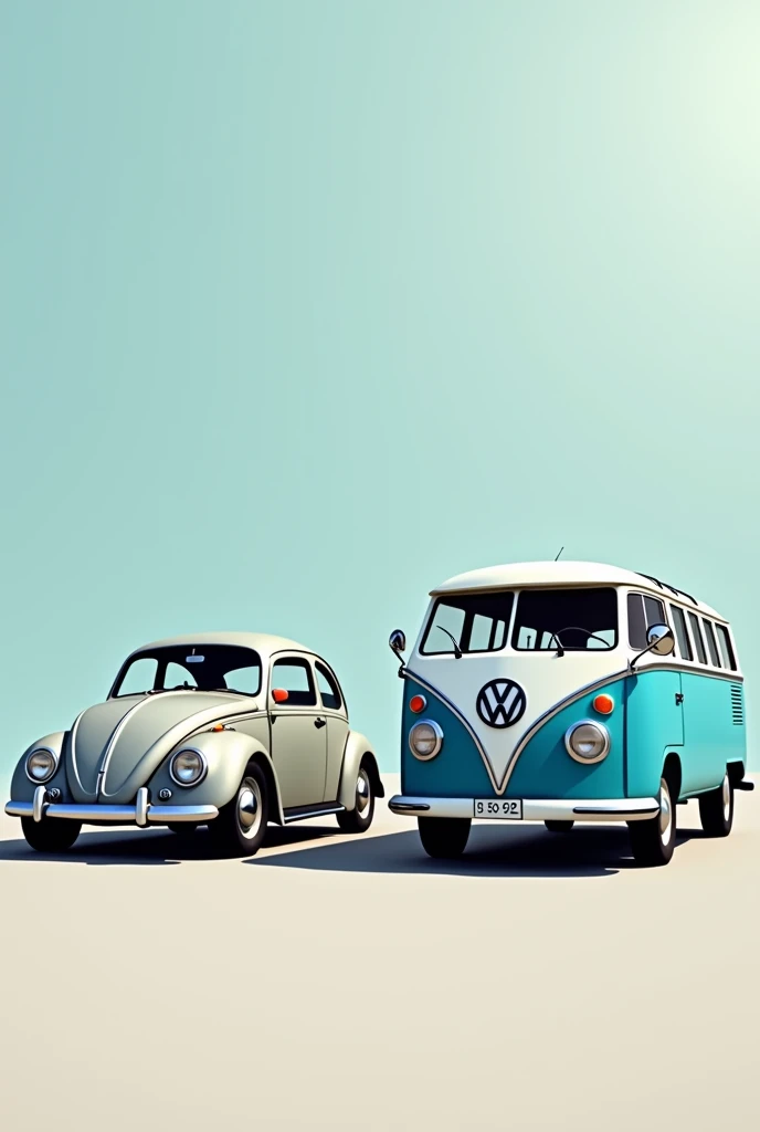 Image of a silver-white Volkswagen Beetle and a blue Volkswagen Combi from the front