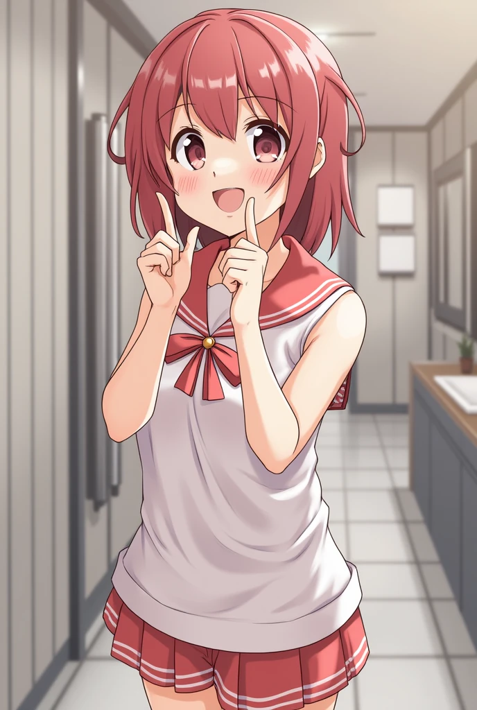 Chibi girl eating a popsicle, red hair and with a white shirt and black skirt and blushing