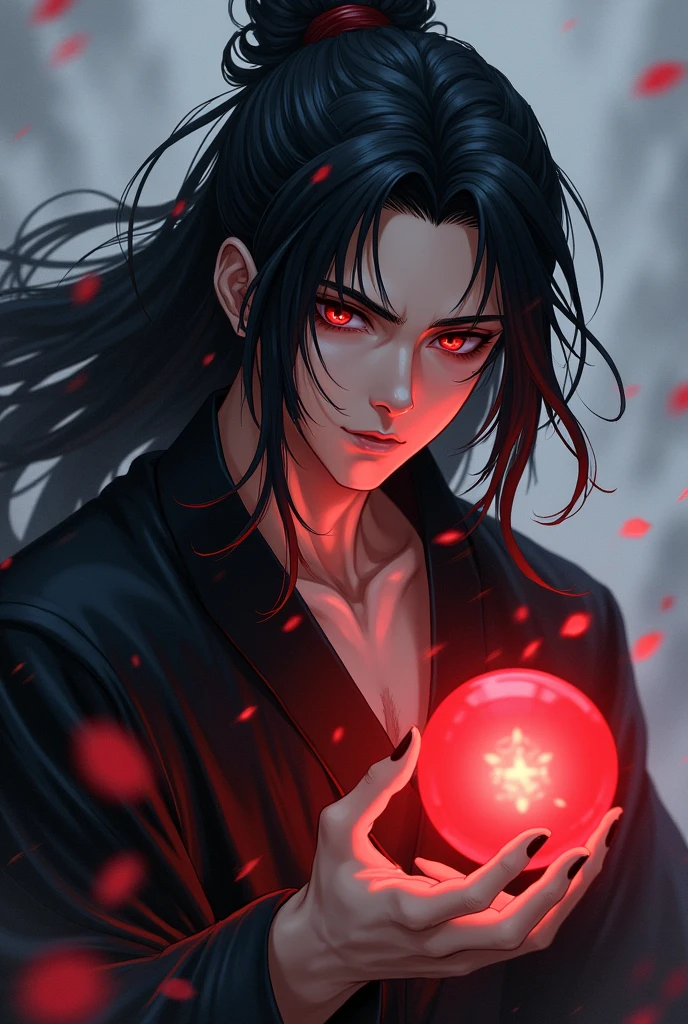 black haired, cold looking man, black eyes, long hair, majestic features, wearing a kimono, holding a glowing red ball of energy in his hand, novel cover.
