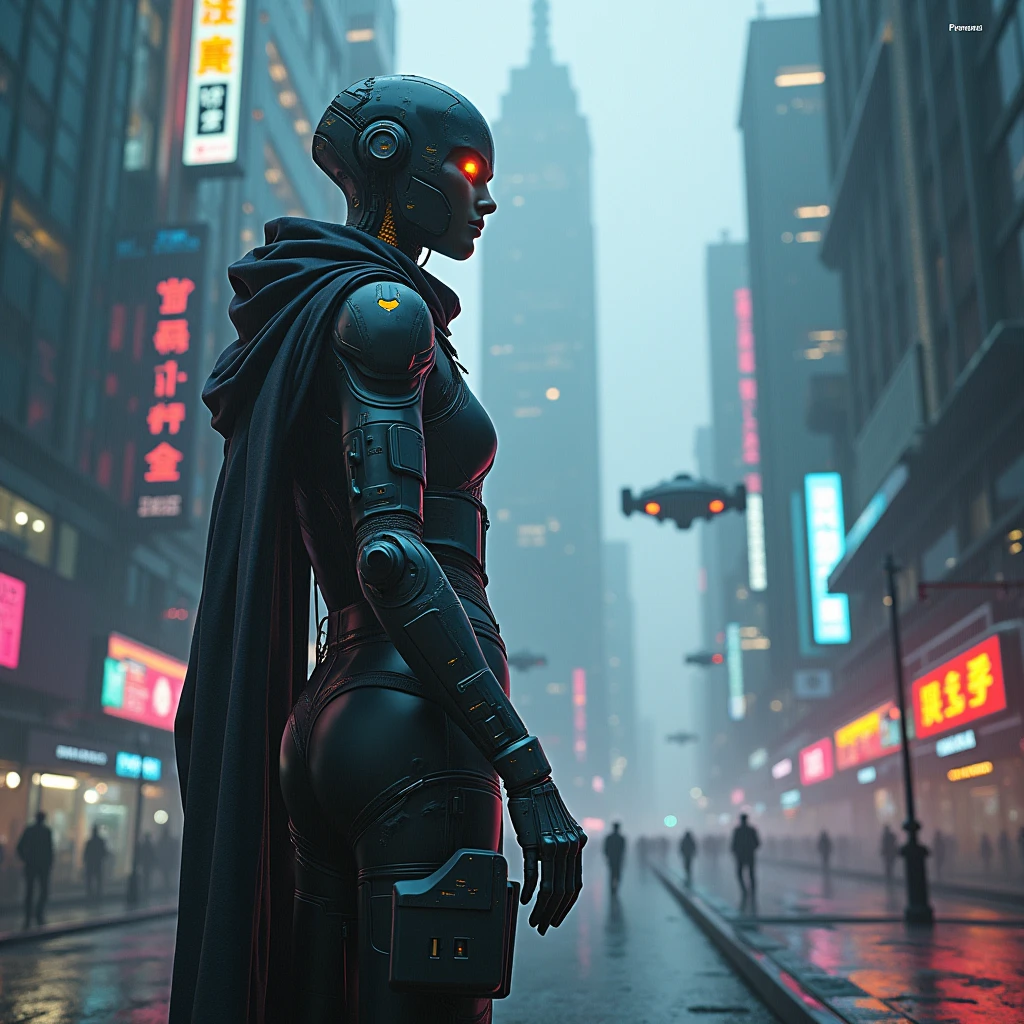 cyberpunk city, neon lights, skyscrapers, futuristic architecture, advanced technology, holographic displays, floating vehicles, android, cyborg, cybernetic implants, dystopian society, rainy atmosphere, dark shadows, moody lighting, cinematic composition, dramatic camera angles, high contrast, vibrant colors, neon signs, industrial elements, mechanical structures, gritty textures, atmospheric fog, dynamic poses, intricate details, photorealistic, 8k, hyper detailed, cinematic lighting, award winning digital art