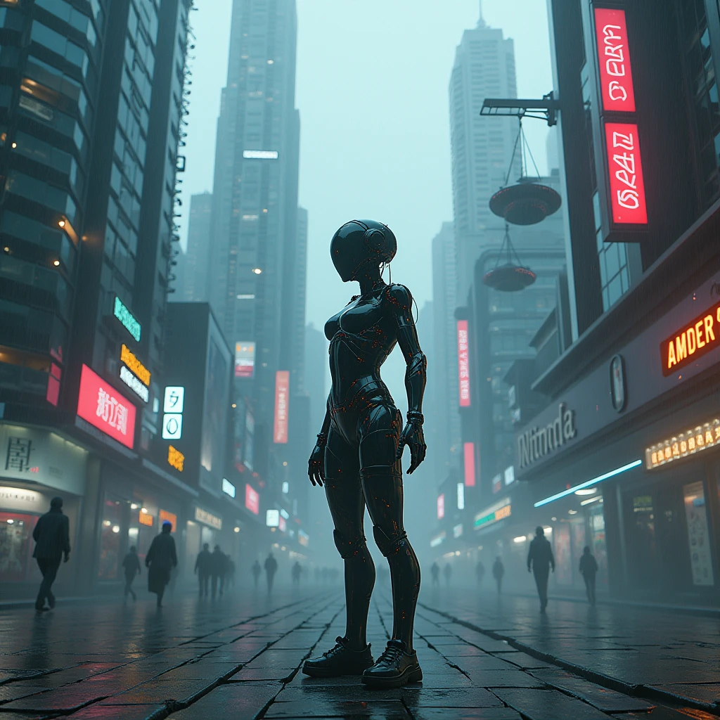 cyberpunk city, neon lights, skyscrapers, futuristic architecture, advanced technology, holographic displays, floating vehicles, android, cyborg, cybernetic implants, dystopian society, rainy atmosphere, dark shadows, moody lighting, cinematic composition, dramatic camera angles, high contrast, vibrant colors, neon signs, industrial elements, mechanical structures, gritty textures, atmospheric fog, dynamic poses, intricate details, photorealistic, 8k, hyper detailed, cinematic lighting, award winning digital art