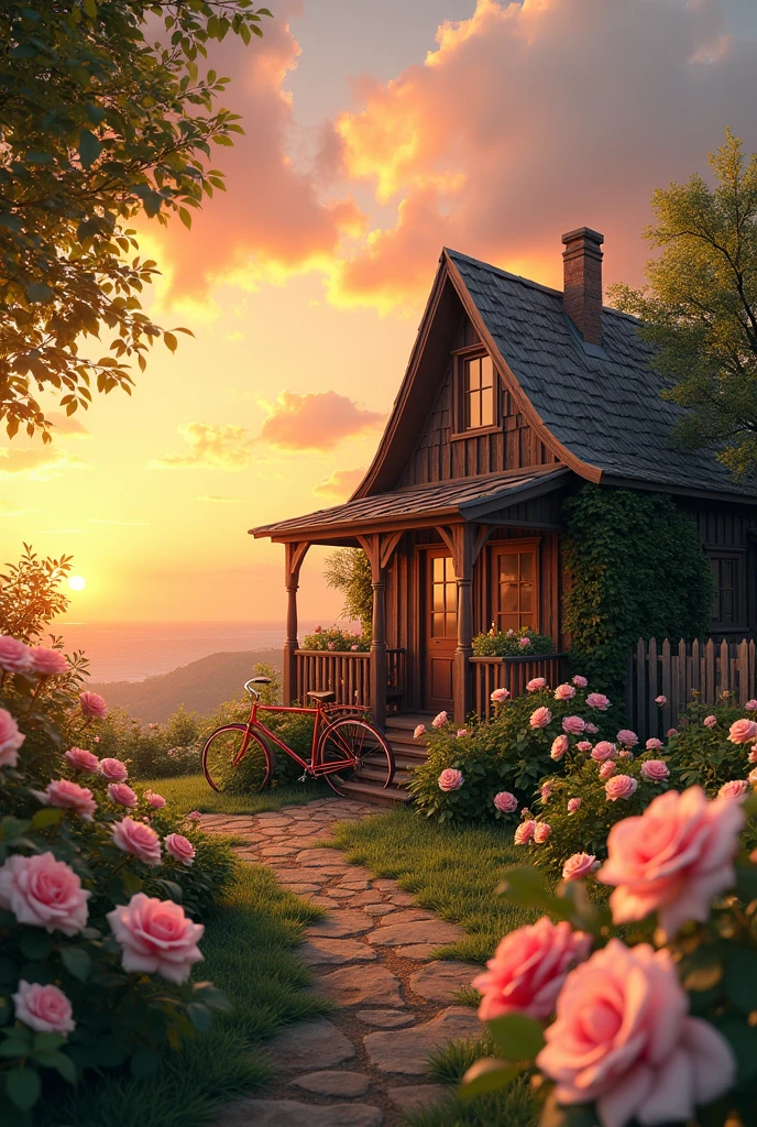 sunset,White and pink roses ,wooden house,bicycle
