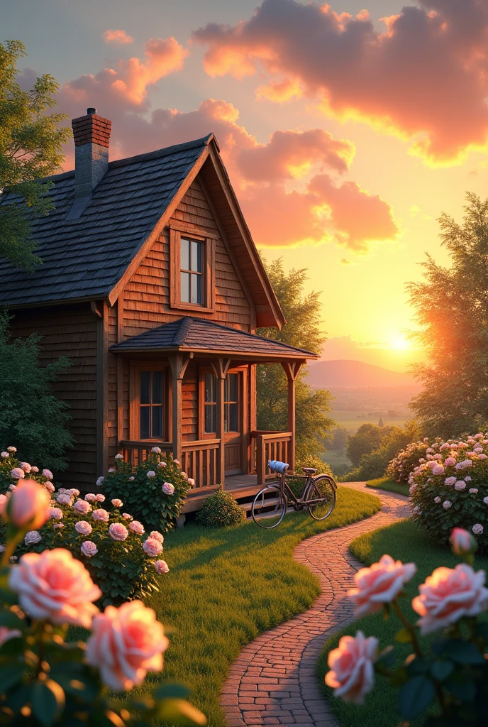 sunset,White and pink roses ,wooden house,bicycle