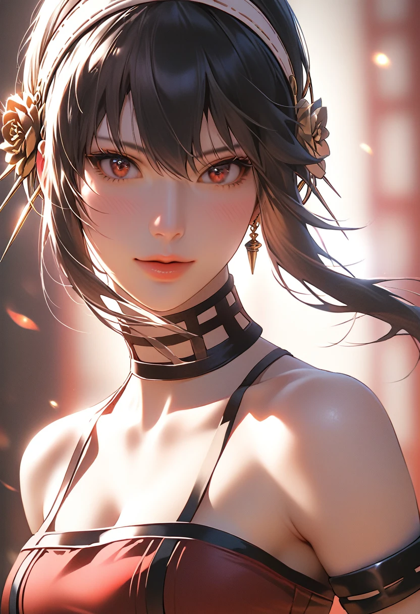 score_9, score_8_up, score_7_up, Girl's profile picture, realistic skin texture, detailed picture, close-up, HD32k, yor briar, black hair, sidelock, white hairband, red eyes, bare shoulders, japanese clothes, sleeveless, choker, sash, armband, ninja,Painstaking Attention To Details,PEAnimeBG,starlight