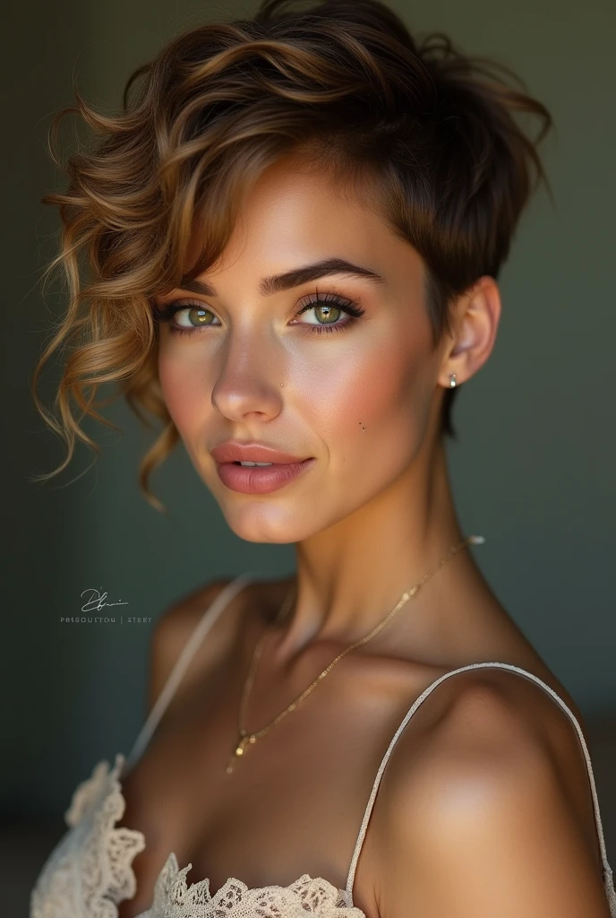 ((Meilleure qualité)), ((chef-d&#39;œuvre)), (détaillé), visage parfait rond, Femme turque de 36 ans, grain de beauté près de l'œil gauche, NSFW, coupe courte de style pixie, cheveux chatains clairs, cheveux en mèches, cheveux bouclés, hanches et cuisses pleines, souriant, piercing nez