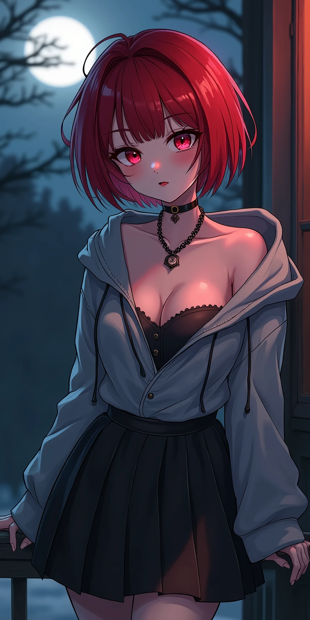 (best quality, ultra-detailed, photorealistic: 1.39), bright and vibrant colors, studio lighting, romantic expression, An effeminate girl, with a delicate and beautiful face. Beautiful and adult woman with her crimson red short hair matches the gothic makeup, her eyes and mischievous smile, with her large seductive breasts, cleavage, black pleated skirt, gray gothic sweatshirt with hood, red eyes. She have a horny face, like a manwha character, chain details,walking in leaning pose on the porch of the house, night, moon, seductive cleavage, manga style, anime features manga style, fully body , she is in love, anime style