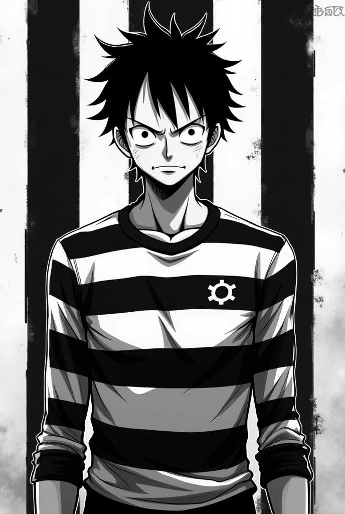 Monkey D. Luffy in black and white striped prison uniform long sleeve front and back and left side and right side Original anime One Piece