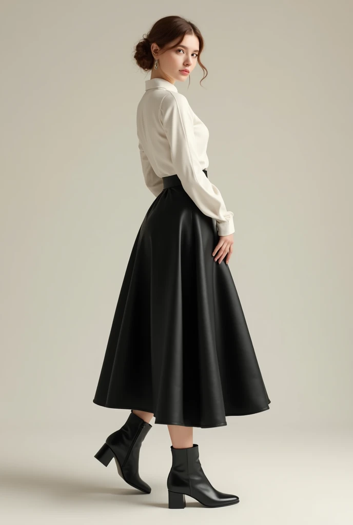 Draw me a person with a black flared skirt at the waist, fitted white blouse and elegant black leather boots.