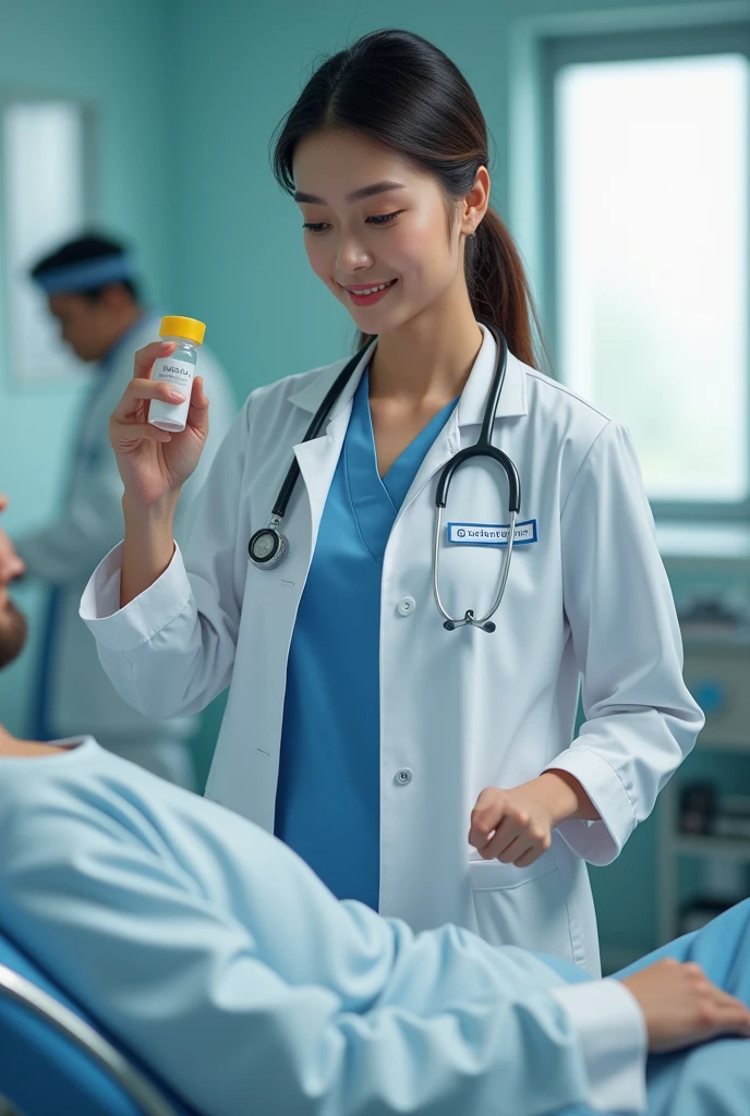 Female doctor in uniform near you, with a sample bottle in her hand, Point of view of the patient lying on the stretcher.