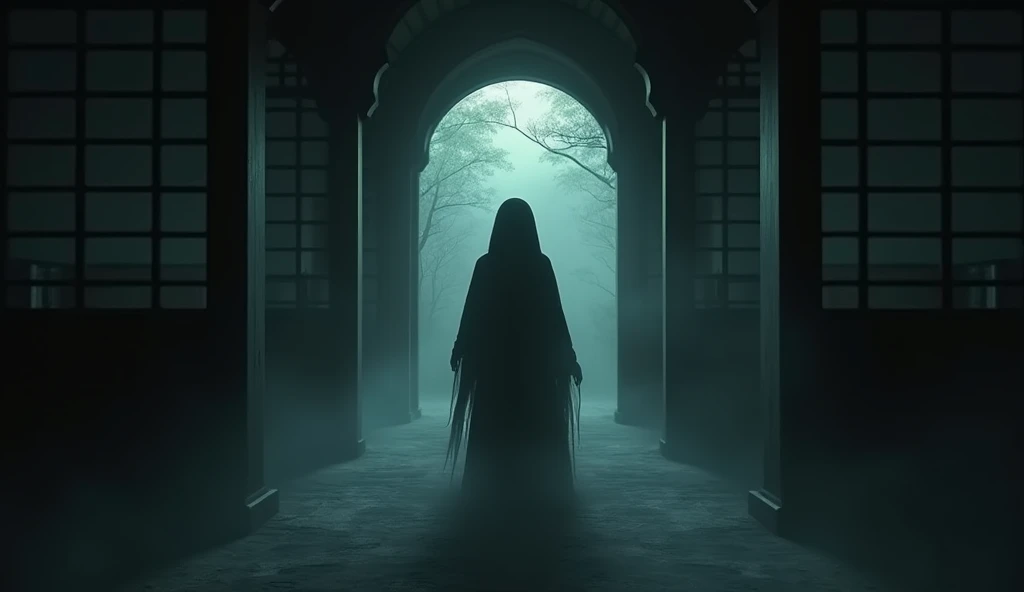 horor, dark atmosphere, Intricate details, Structure of the film, Dramatic Shadows, Mysterious, Creepy, Otherworldly, A calming color palette, chiaroscuro lighting, Ultra-detailed, masterpiece, highest quality, 8k, Realistic, The faceless figure of a , neither human nor shadow. Creepy. Japanese.