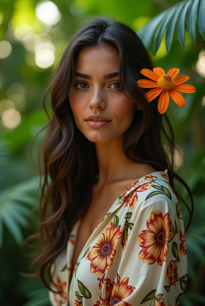 A Brazilian woman in a lush tropical garden, wearing an open shirt with a floral print, with a close-up capturing the harmonious beauty between her breasts and the natural flowers, showing off your natural charm and outgoing personality.