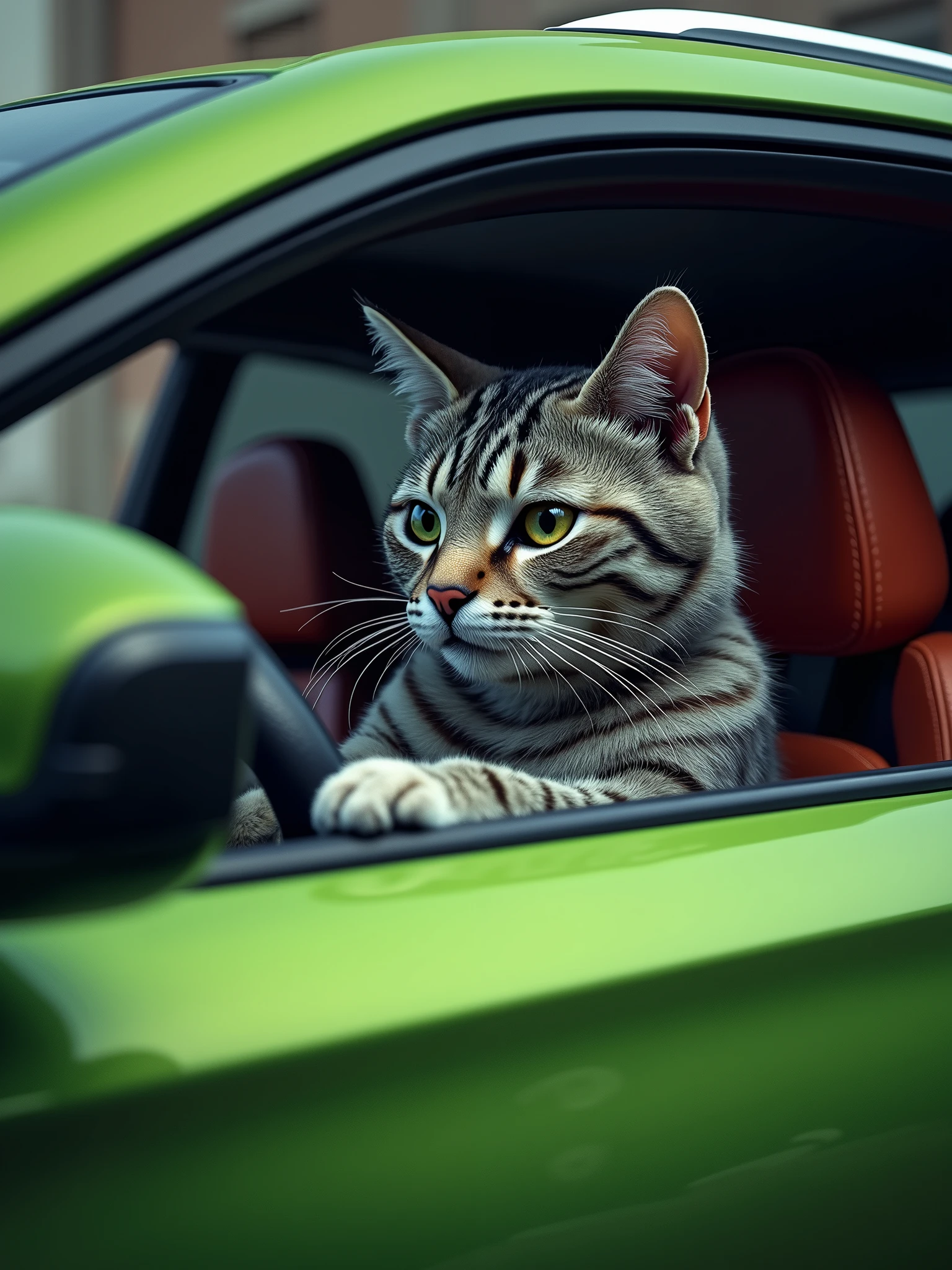 A gray cat with tiger stripes driving a green 2016 Hyundai Veloster, hyperrealist, 8k, high detailed, (Best Quality,4k,8k,High resolution,masterpiece:1.2),ultra detailed,(realist,photorealist,photo-realist:1.37),HdR,HD,studio lighting,Ultrafine paint,sharp focus,physically based rendering,extreme detailed description,professional,vivid colors,bokeh,detailed feline eyes,detailed feline characteristics,detailed feline paws,Feline anatomy,highly detailed cat fur,detailed car interior,highly detailed board,highly detailed car exterior,dynamic composition,dramatic lighting,cinematic angles