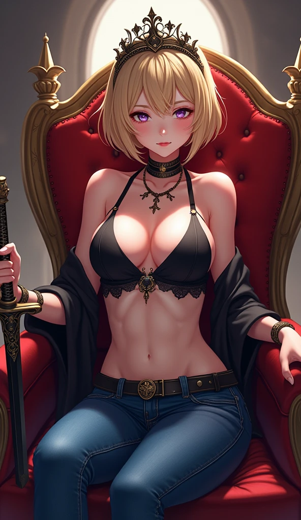 Lumine (1girl), Genshin Impact character, blue jeans, lingerie top, detailed makeup, sitting on a royal chair, wearing a crazy looking tiara, holding a sword, Middle Ages, cinematic, high-quality, highly detailed, anime style, photorealistic, 8k, vibrant colors, dramatic lighting, atmospheric, digital painting, fantasy, intricate details, elegant, beautiful, sexy, having an orgasm, moaning, blonde short hair, locks