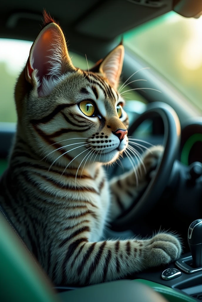 A gray cat with tiger stripes driving a green 2016 Hyundai Veloster, hyperrealist, 8k, high detailed, (Best Quality,4k,8k,High resolution,masterpiece:1.2),ultra detailed,(realist,photorealist,photo-realist:1.37),HdR,HD,studio lighting,Ultrafine paint,sharp focus,physically based rendering,extreme detailed description,professional,vivid colors,bokeh,detailed feline eyes,detailed feline characteristics,detailed feline paws,Feline anatomy,highly detailed cat fur,detailed car interior,highly detailed board,highly detailed car exterior,dynamic composition,dramatic lighting,cinematic angles