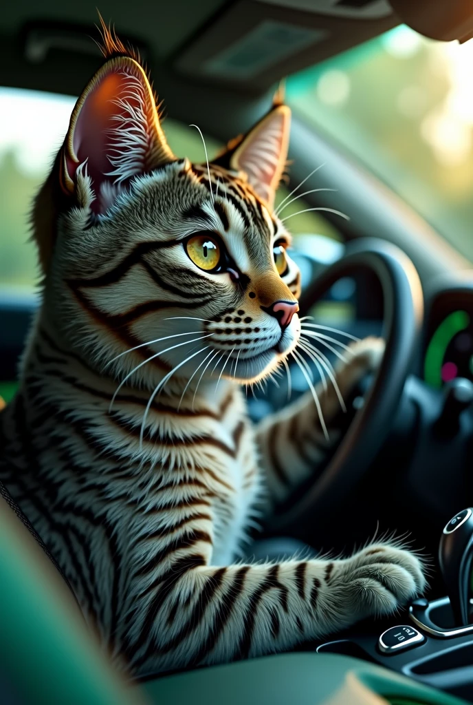 A gray cat with tiger stripes driving a green 2016 Hyundai Veloster, hyperrealist, 8k, high detailed, (Best Quality,4k,8k,High resolution,masterpiece:1.2),ultra detailed,(realist,photorealist,photo-realist:1.37),HdR,HD,studio lighting,Ultrafine paint,sharp focus,physically based rendering,extreme detailed description,professional,vivid colors,bokeh,detailed feline eyes,detailed feline characteristics,detailed feline paws,Feline anatomy,highly detailed cat fur,detailed car interior,highly detailed board,highly detailed car exterior,dynamic composition,dramatic lighting,cinematic angles