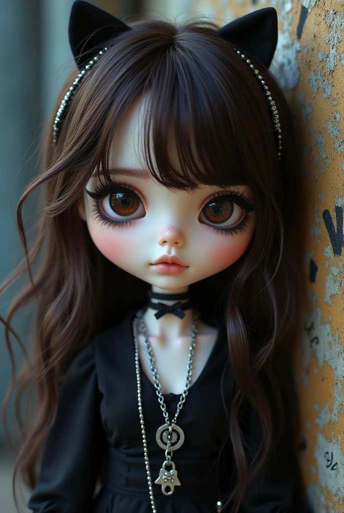 Make me a pale blythe doll, with loose hair, wavy layered, messy dark brown hair and blonde strands in front, dark brown eyes, eye shadow and black eyeliner, silver chains and alternative