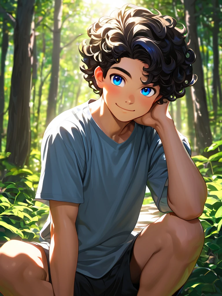 A handsome face and black curly hair in a forest full of sunlight, There is a young man with big blue eyes., A handsome face with a thoughtful and attentive expression, total length, Wearing a simple gray shirt and old-fashioned trousers