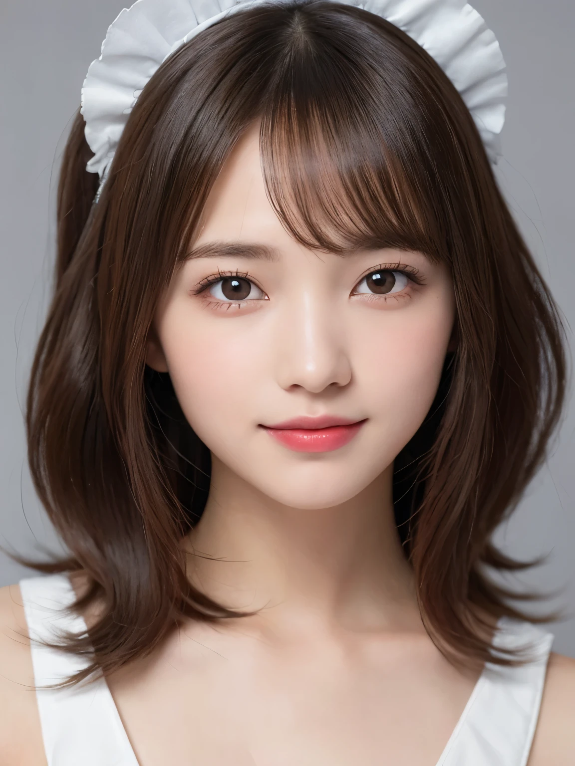 white background, halfl body portrait, looks very happy, smile, one girl, (a beauty girl, delicate girl:1.3), (20 years old:1.3), maid costume (halloween color), very fine eyes, (symmetrical eyes:1.3), D cup breasts, brown eyes, parted bangs, short hair, (eyes and faces with detailed:1.0), (masterpiece, best quality, ultra detailed, detailed face, 8k)