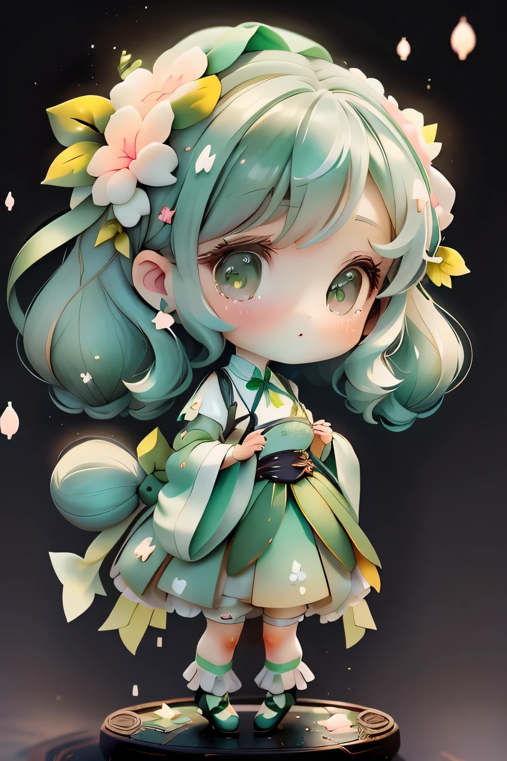 effet pailleté,fille avec, chibi、ambre, , vert pastel moyen, Tissus de luxe,tramage, De grande envergure,regarder le spectateur、hanfu