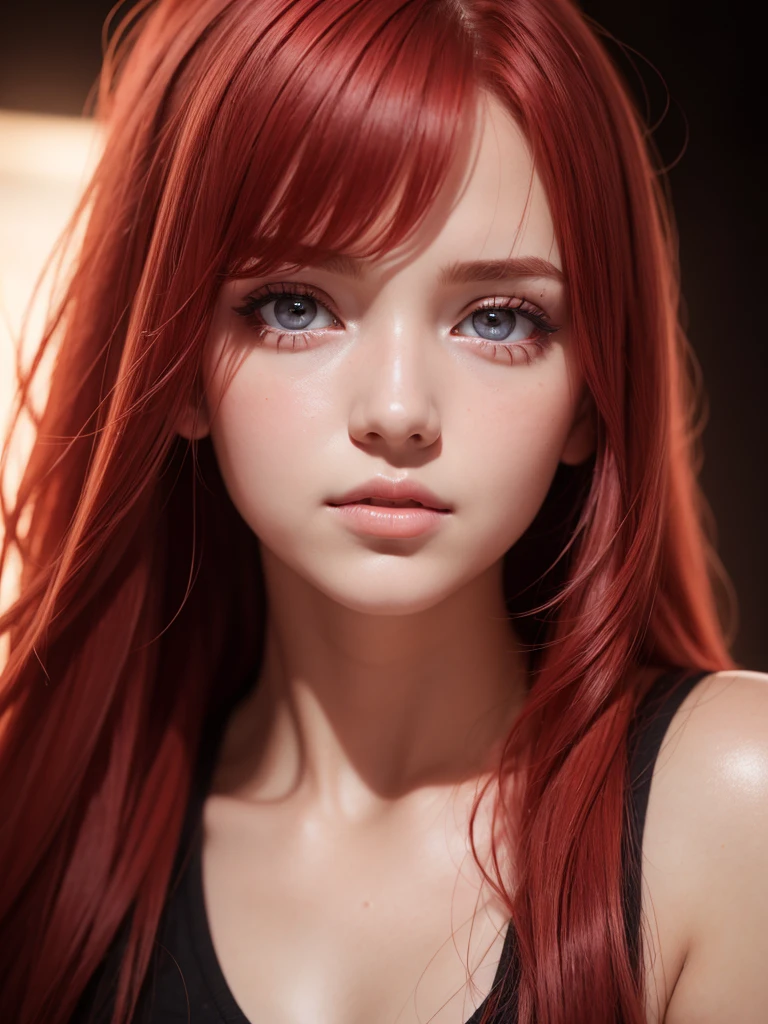 1 girl, star eye, blush, perfect lighting, Red hair, Eyes red, engine unreal, side lighting, face detailed, bangss, shining skin, simple background, darkness background, In the 2000s, hippy