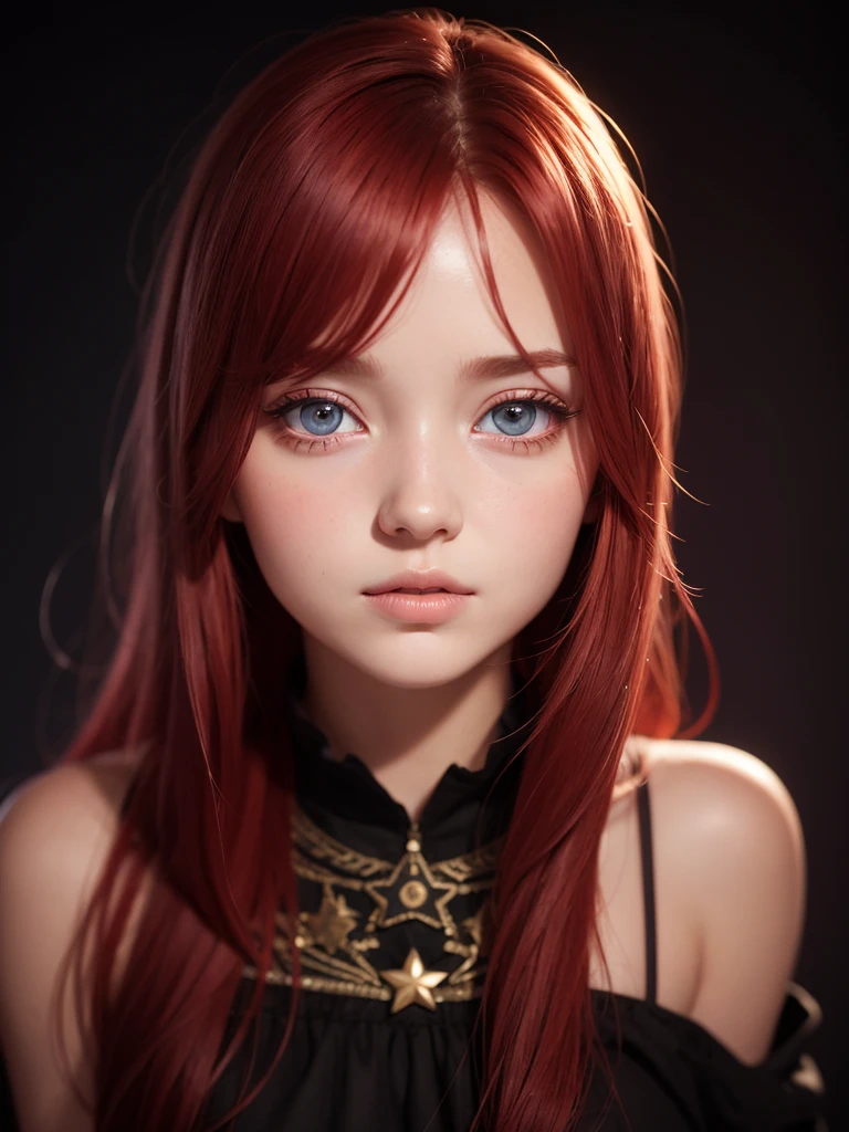 1 girl, star eye, blush, perfect lighting, Red hair, Eyes red, engine unreal, side lighting, face detailed, bangss, shining skin, simple background, darkness background, In the 2000s, hippy