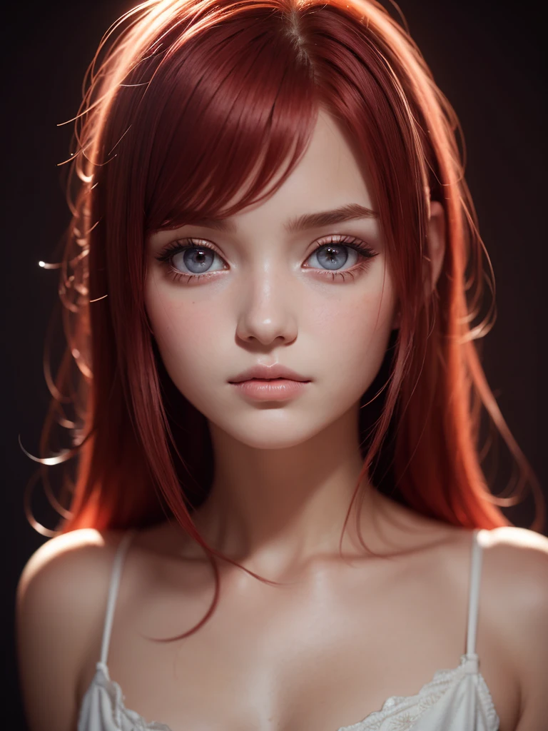1 girl, star eye, blush, perfect lighting, Red hair, Eyes red, engine unreal, side lighting, face detailed, bangss, shining skin, simple background, darkness background, In the 2000s, hippy