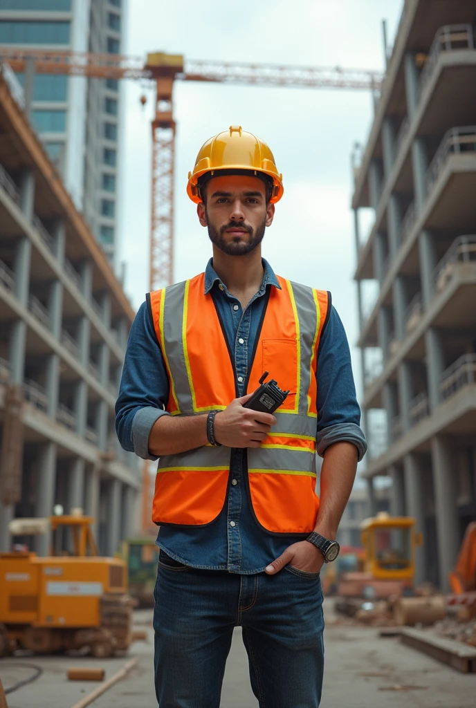 Create a HSE Manager image in office age 22 with helmet and walki talki