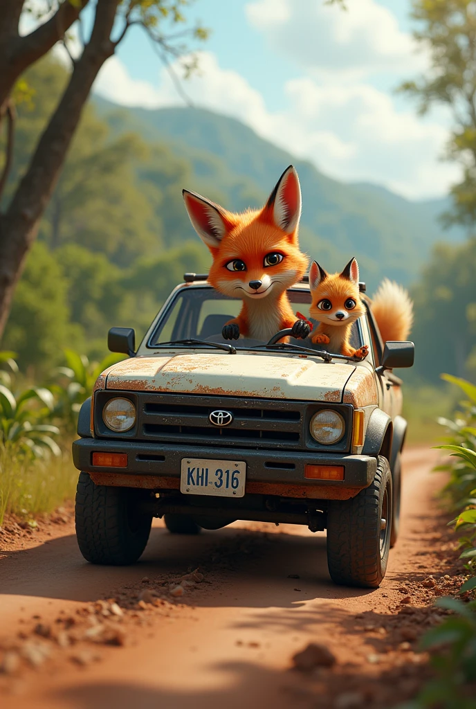 Fox driving a Hilux pickup truck accompanied by a sariguella