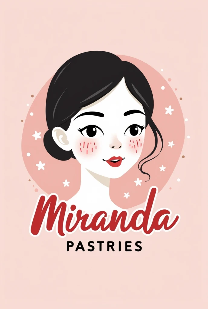Create a company logo that says Miranda Pastries with a small drawing of a white-skinned woman with dark hair and freckles on her face and that is related to pastry with pink colors.