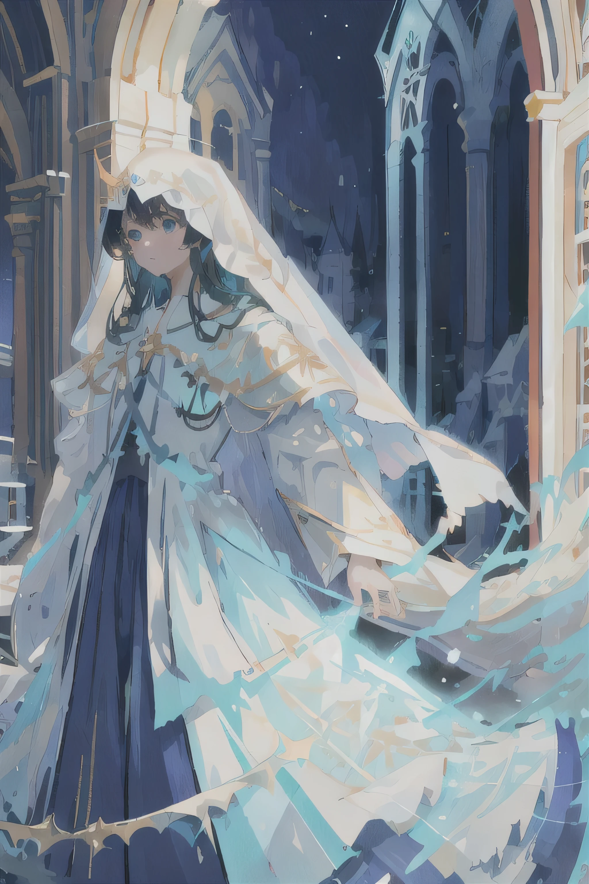 Mother of Jesus, Black hair and green eyes, light brown skin, Wearing a light blue robe, And a sky-blue veil, A calm expression that brings peace (whole body) Near the window, Illuminated by the moonlight (Magnificent and realistic)