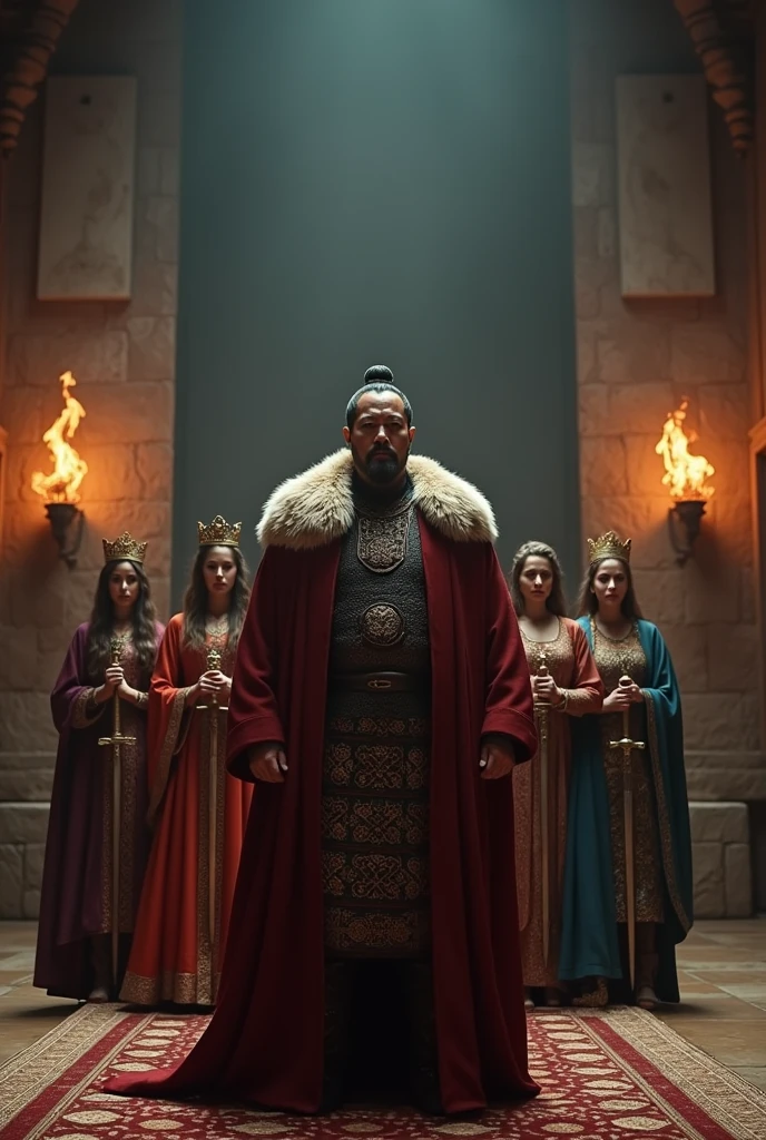 Scene Setup: The throne room is vast and majestic, with high ceilings and intricately carved stone pillars. The lighting is low, relying primarily on the warm, flickering glow of torches mounted on the walls. This creates deep contrasts and shadows, enhancing the dramatic atmosphere.

Camera Movement: The scene opens with a wide shot that slowly zooms in on Genghis Khan, standing centrally with an air of authority. As the camera moves closer, it shifts focus to each daughter, using a smooth tracking shot to emphasize their importance and individual power.

Character Details: Genghis Khan is clad in traditional Mongol armor, with fur-lined robes flowing over his broad shoulders. His daughters are dressed in luxurious, richly colored garments, adorned with intricate embroidery and jewels that catch the light. Each daughter grips a symbol of power—a crown, a scepter, or an ornate sword—with a firm and confident hold.

Lighting and Mood: The lighting is designed to highlight the textures of the costumes and the somber expressions on their faces. A soft, ambient light subtly illuminates their features, while the background remains slightly shadowed, keeping the focus on the characters.