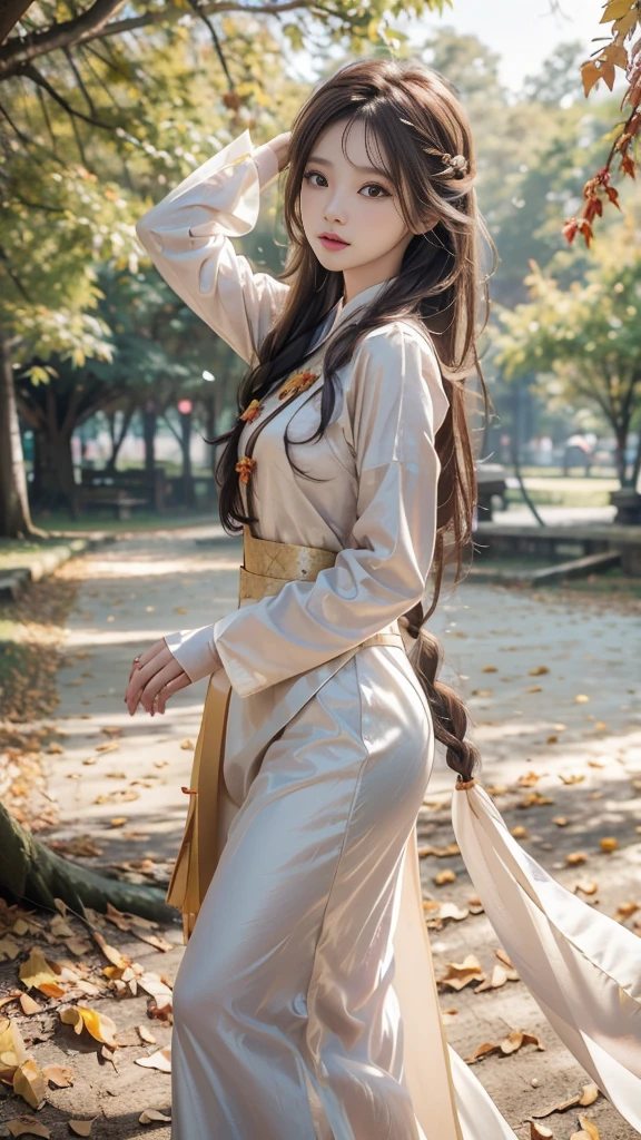 ulzzang-6500-v1.1, (RAW photo: 1.2), (Real photo), (Real photo: 1.4), 1 girl、Perfect anatomy、1、Looking at the camera、Medium length hair、side braid, Vietnamese ao dai, walking under a tree with many fallen leaves, in the sun, ((under a tree with many fallen leaves: 1.1))、(Business service)、Asian eyes Ella,