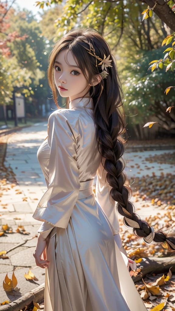 ulzzang-6500-v1.1, (RAW photo: 1.2), (Real photo), (Real photo: 1.4), 1 girl、Perfect anatomy、1、Looking at the camera、Medium length hair、side braid, Vietnamese ao dai, walking under a tree with many fallen leaves, in the sun, ((under a tree with many fallen leaves: 1.1))、(Business service)、Asian eyes Ella,