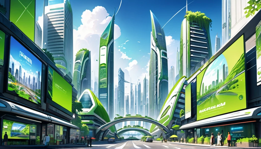 Views ecofuturistic city, futuristic city, big city full of skyscrapers and holohradic screens, advertising posters, eco City, green City.