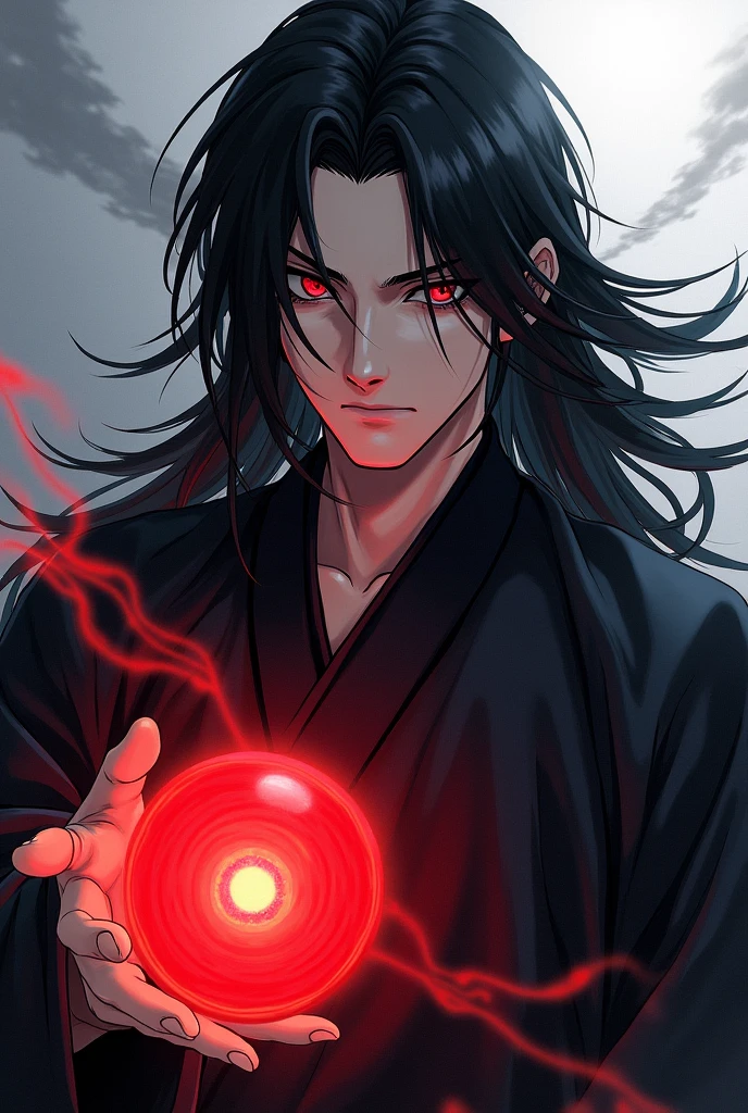 black haired, cold looking man, black eyes, long hair, majestic features, wearing a kimono, holding a glowing red ball of energy in his hand, novel cover.