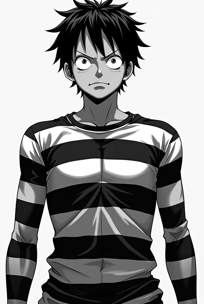 Monkey D. Luffy in black and white striped prison uniform long sleeve front and back and left side and right side Original anime One Piece
