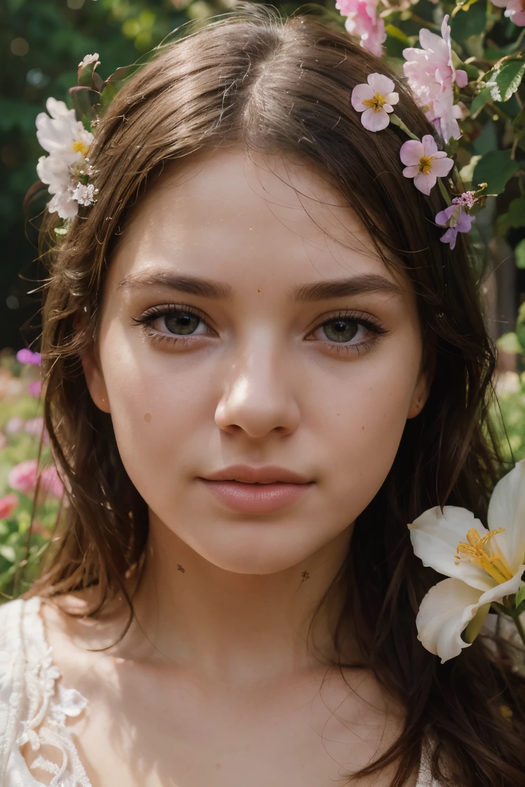 a young girl, detailed portrait, beautiful detailed eyes, beautiful detailed lips, extremely detailed face and skin, long eyelashes, cute expression, outdoors, garden, flowers, natural lighting, vibrant colors, cinematic composition, photorealistic, 8k, high quality, masterpiece, digital art