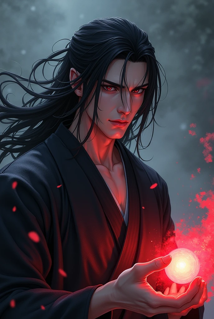 black haired, cold looking man, black eyes, long hair, majestic features, wearing a kimono, holding a glowing red ball of energy in his hand, novel cover.