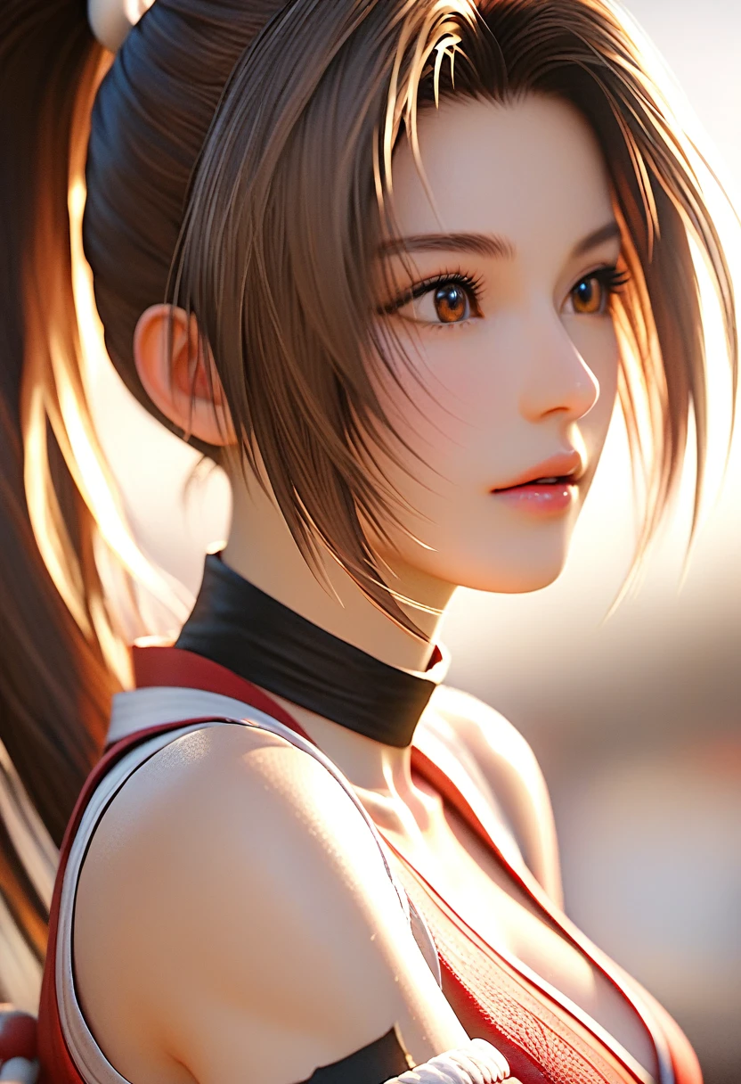 score_9, score_8_up, score_7_up, Girl's profile picture, realistic skin texture, detailed picture, close-up, HD32k, long hair, brown hair, bare shoulders, brown eyes, ponytail, torn japanese clothes, sleeveless, torn choker, blurry, lips, blurry background, parted bangs, torn sash, high ponytail, rope, armband, ninja, shiranui mai,Painstaking Attention To Details,PEAnimeBG,starlight